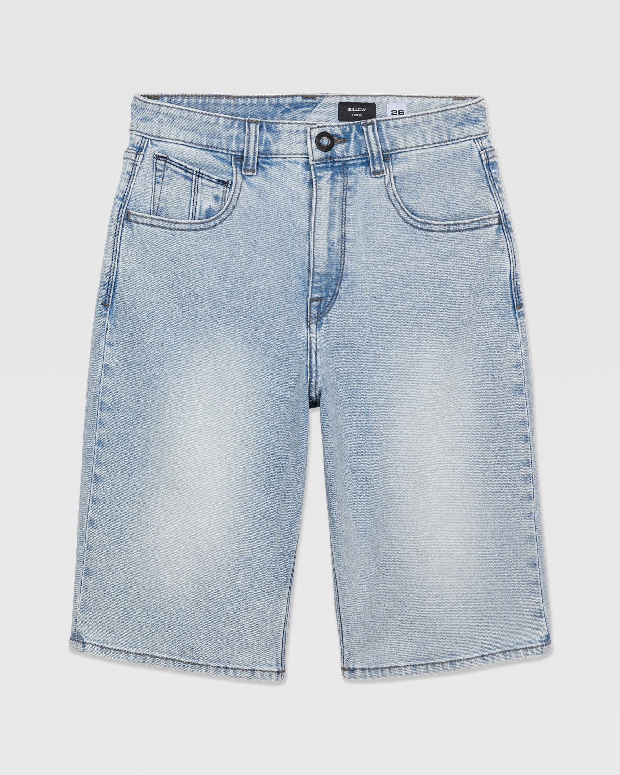 Volcom Kids' Billow Denim Shorts in light blue feature a faded wash, classic five-pocket design, belt loops, and a button-zip closure in a flattering low-rise fit, shown laid flat on a white background.