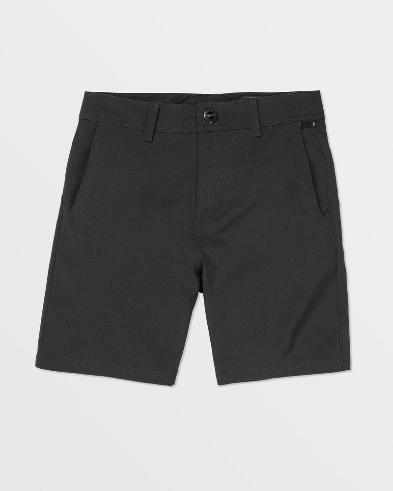 Volcom Kids' Big Boys Frickin Cross Shred Static Shorts, black knee-length with belt loops, side pockets, and button closure, displayed flat on a white background.