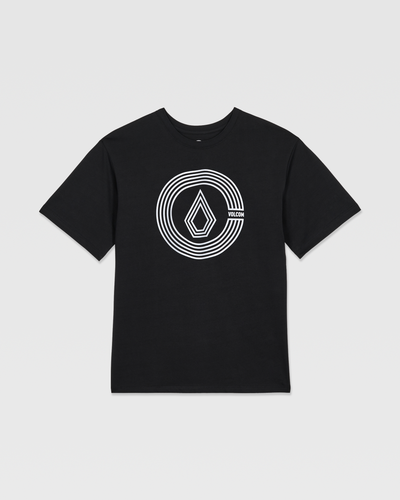 The Kids' Circle Split Short Sleeve Tee by Volcom is a black casual tee with a white concentric circle and teardrop graphic plus "VOLCOM" on the front, shown against a plain light background.
