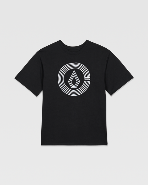 The Kids' Circle Split Short Sleeve Tee by Volcom is a black casual tee with a white concentric circle and teardrop graphic plus "VOLCOM" on the front, shown against a plain light background.