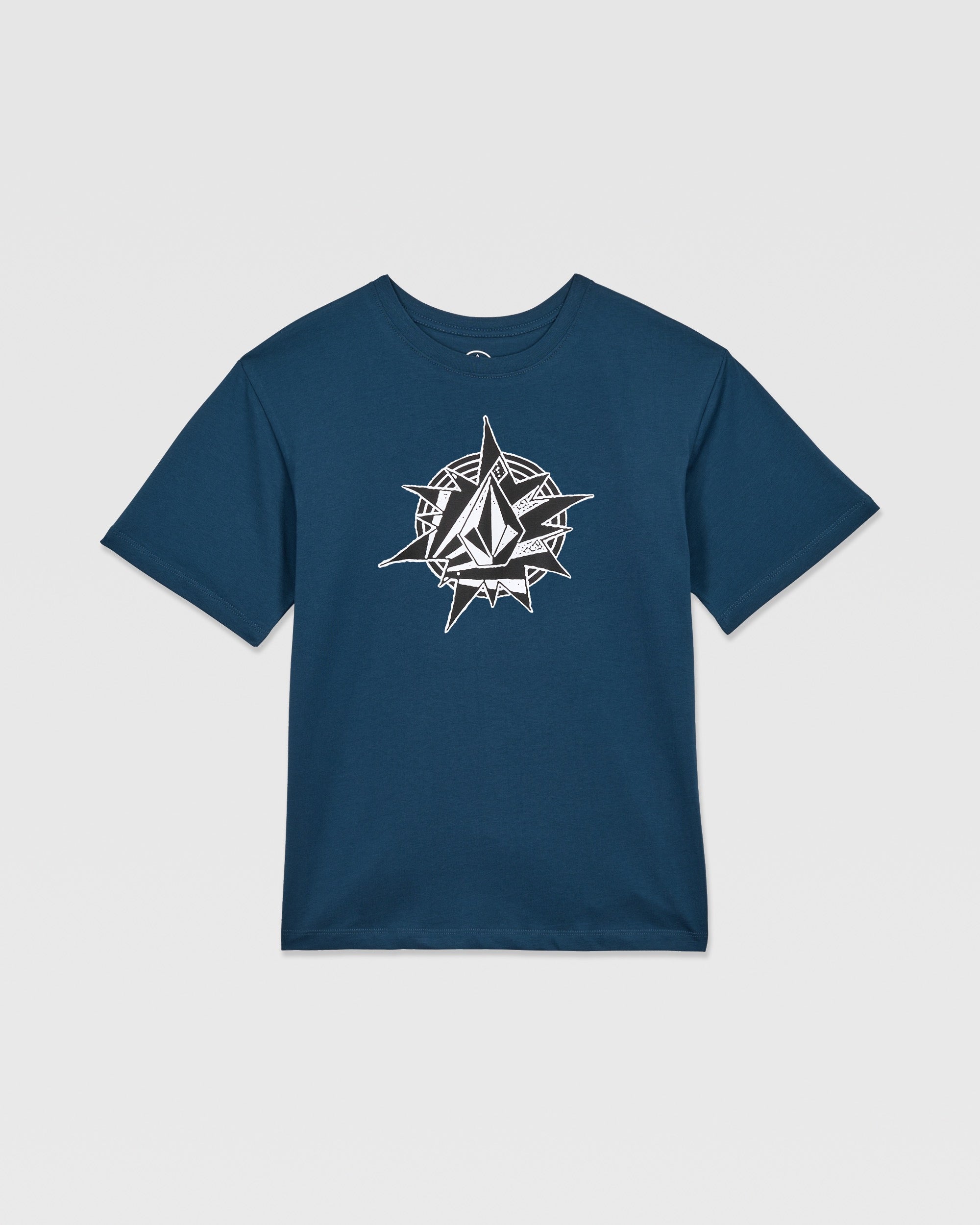 The Volcom Kids' Big Boys' Yoink Short Sleeve Tee is a dark blue T-shirt with a large white geometric, compass-inspired graphic on the chest, shown against a plain white background.