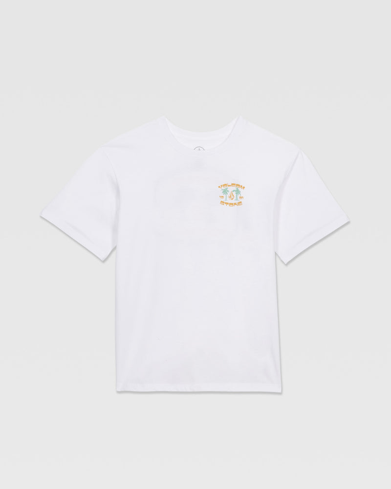 The Volcom Kids' 91 Palm Short Sleeve Tee is a plain white tee with a small, colorful palm embroidery on the left chest—ideal for pairing with loose fit denim or low-rise jeans.