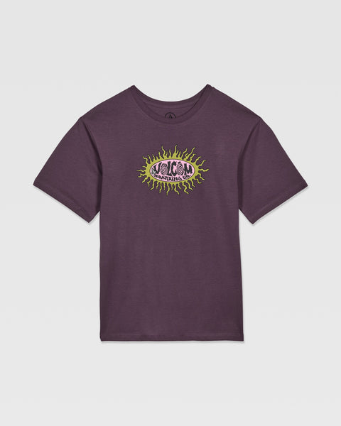 The Volcom Kids' Live Wire Short Sleeve Tee is a purple boys’ relaxed fit top with an eye and yellow flames graphic plus pink VOLCOM text on the chest, made from soft organic cotton. Displayed flat on a white background.