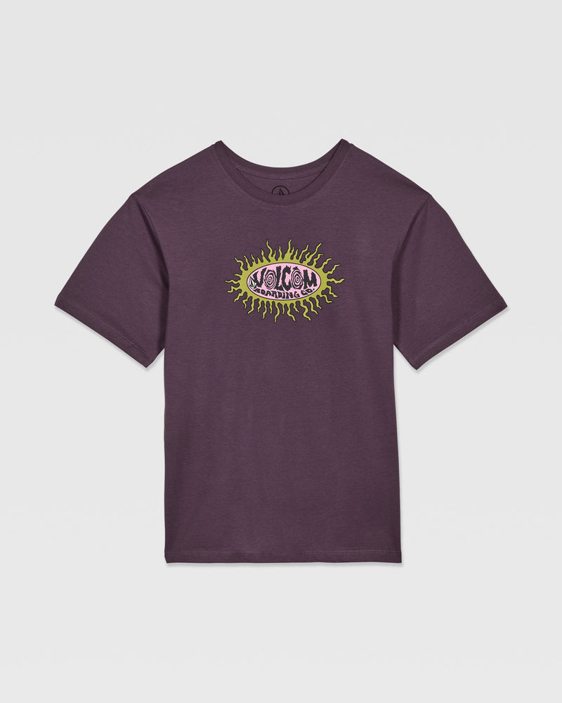 The Volcom Kids' Live Wire Short Sleeve Tee is a purple boys’ relaxed fit top with an eye and yellow flames graphic plus pink VOLCOM text on the chest, made from soft organic cotton. Displayed flat on a white background.