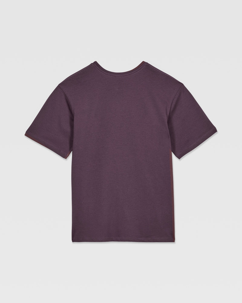 The Volcom Kids' Live Wire Short Sleeve Tee is a boys’ relaxed fit, dark purple organic cotton t-shirt, shown from the back against a white background.