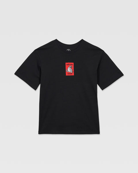 The Volcom Kids' Rockout Short Sleeve Tee is a relaxed fit black boys’ tee featuring a small red rectangle on the chest with a white unicorn and “Unicorn Store” text.