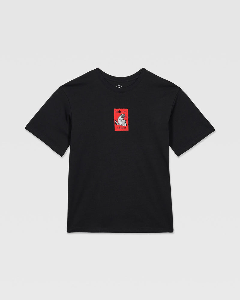The Volcom Kids' Rockout Short Sleeve Tee is a relaxed fit black boys’ tee featuring a small red rectangle on the chest with a white unicorn and “Unicorn Store” text.