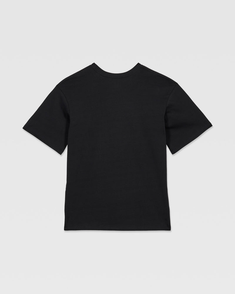 The Volcom Kids' Rockout Short Sleeve Tee, a relaxed fit black boys' t-shirt, is shown laid flat with the back facing up against a white background.