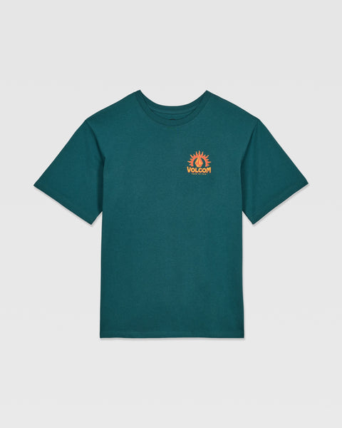 The Kids' Solstice Short Sleeve Tee by Volcom features a teal color, small orange sun graphic, and "Volcom" on the left chest—shown with loose fit denim on a plain white background.