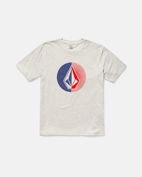 The Volcom Kids' Big Boys' Circle Stone Split Short Sleeve Tee is a classic-fit, light gray 100% cotton t-shirt featuring a blue and red geometric Circle Stone graphic centered on the chest.