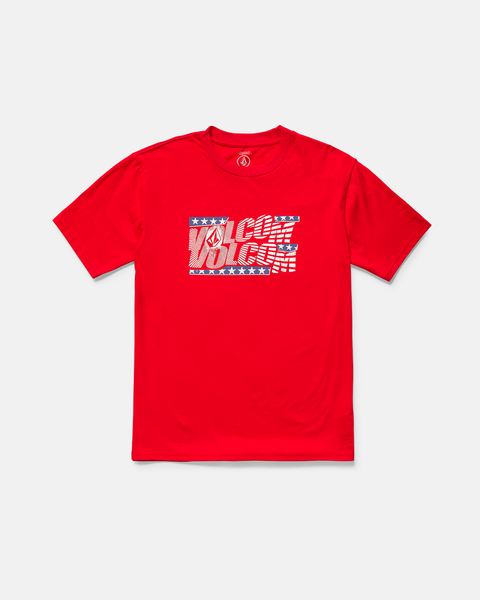 The Kids' Glory Daze Short Sleeve Tee by Volcom features a bold white Volcom logo with a stylized American flag on bright red 100% cotton, offering a soft feel and classic fit.