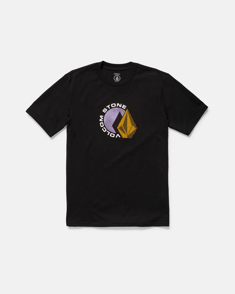 The Volcom Kids' Big Boys' Hypnotizer Short Sleeve Tee is a black, classic fit cotton shirt featuring a circular Volcom Stone logo with yellow and purple lines, plus STONE and VOLCOM accents, shown on a plain white background.