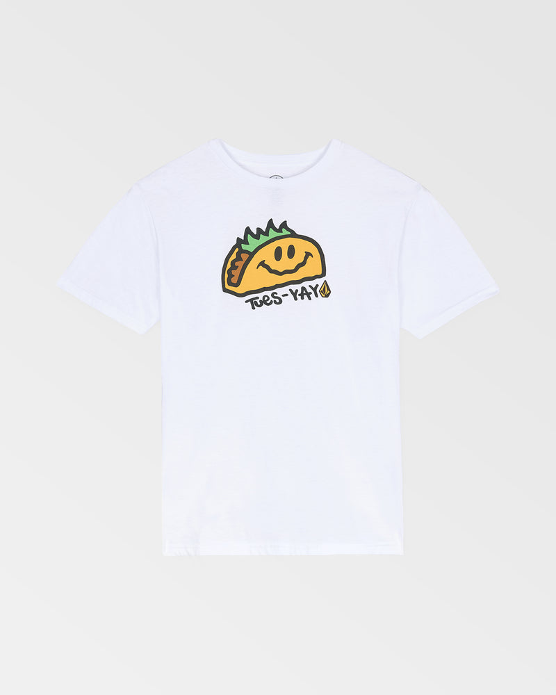 The Volcom Kids' Big Boys' Voltaco Sst is a relaxed-fit white organic cotton tee featuring a smiling cartoon taco with green lettuce and "TRES-YAY!" in playful puff ink beneath the taco on the front.