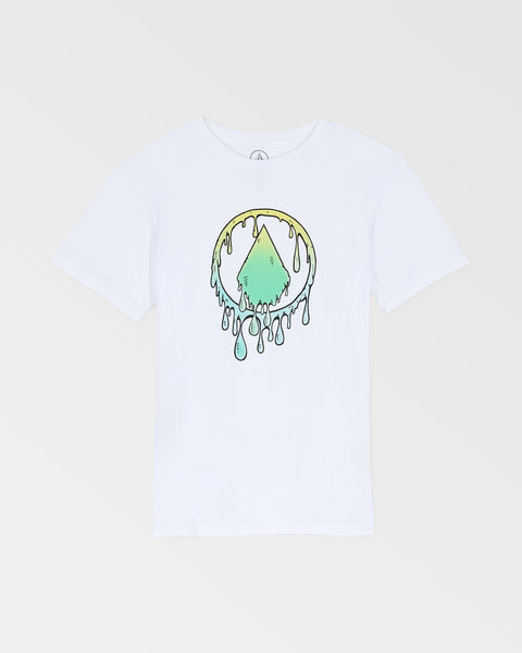 The Volcom Kids' Glustone Sst is a classic-fit white tee made from soft organic cotton, showcasing a green triangle inside a yellow circle with black outlines and melting drips on a light gray background—a stylish everyday staple.
