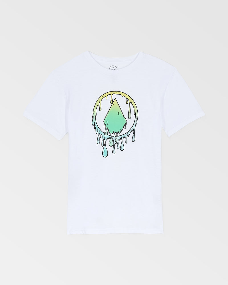 The Volcom Kids' Glustone Sst is a classic-fit white tee made from soft organic cotton, showcasing a green triangle inside a yellow circle with black outlines and melting drips on a light gray background—a stylish everyday staple.