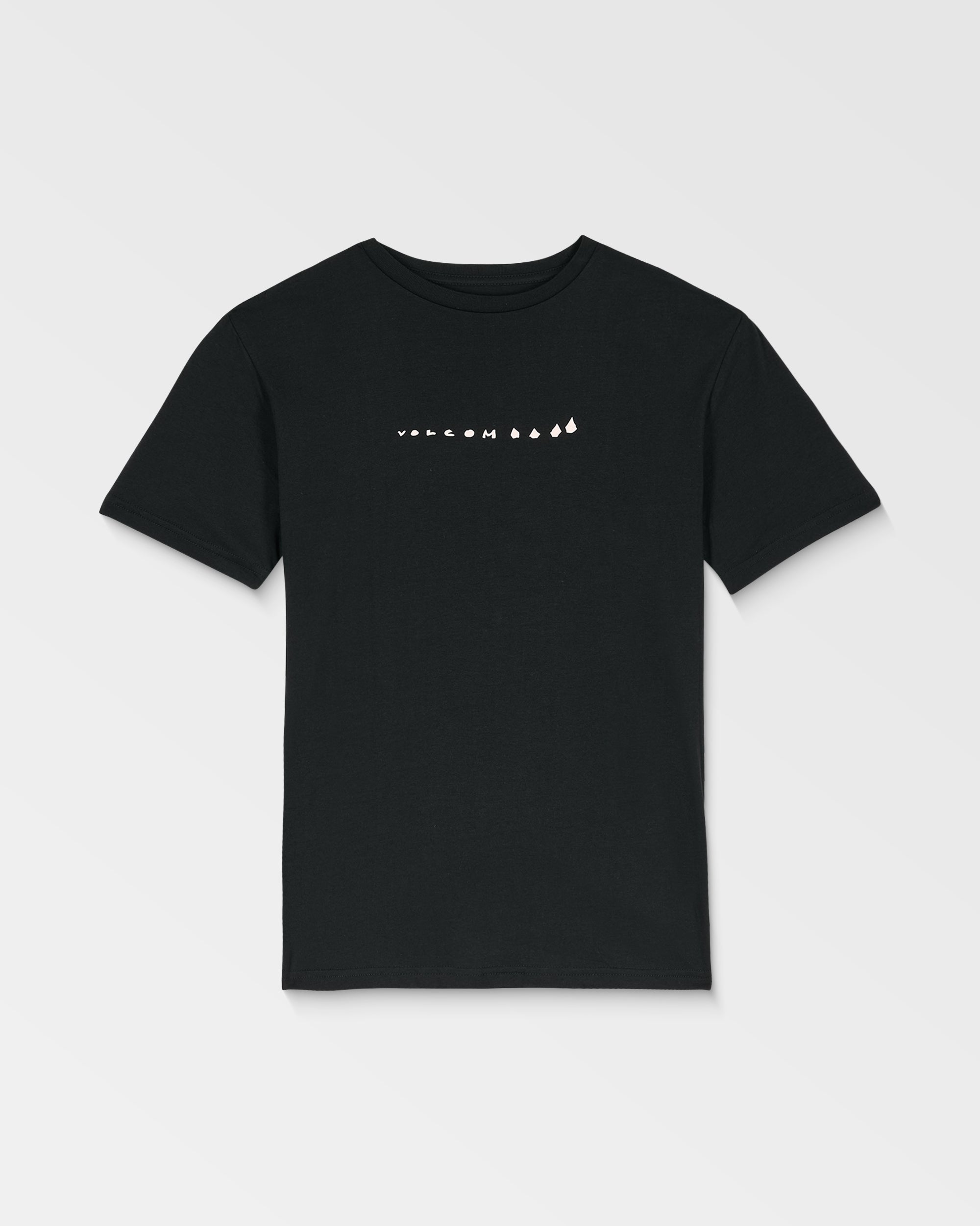 The Volcom Kids' Big Boys' Longosnake Tee is a black short-sleeve shirt featuring small white "VOLCOM" text and three drop-shaped icons on the chest, shown against a light gray background with a subtle diagonal gradient.
