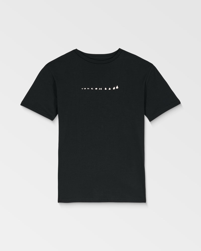 The Volcom Kids' Big Boys' Longosnake Tee is a black short-sleeve shirt featuring small white "VOLCOM" text and three drop-shaped icons on the chest, shown against a light gray background with a subtle diagonal gradient.