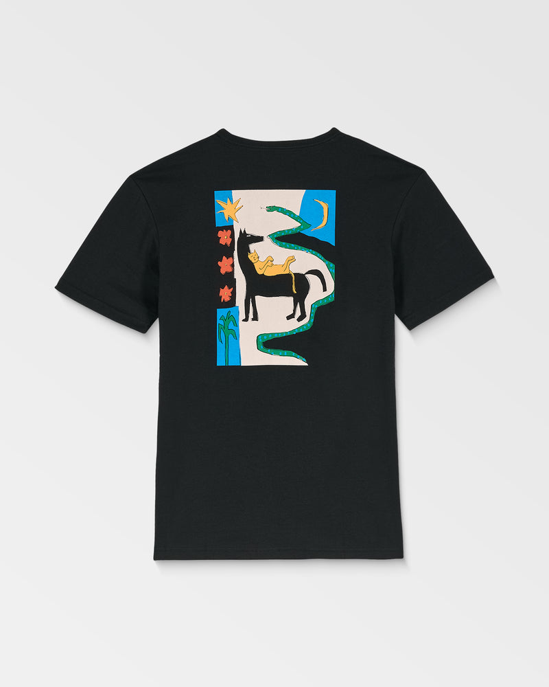 The Volcom Kids' Big Boys' Longosnake Tee is a black shirt with a vibrant back graphic showing a person on horseback, surrounded by green abstract shapes, flowers, a bird, dolphin, and palm tree.