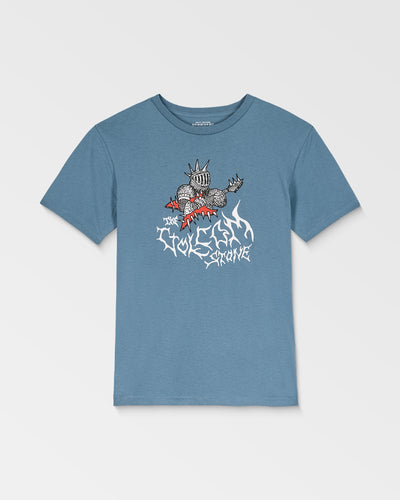 The Kids' Spikesnight Short Sleeve Tee is a blue shirt with a cartoon armored dragon and red accents above bold, jagged white "HOMESICK STRANGE" text on the front, shown on a white background.