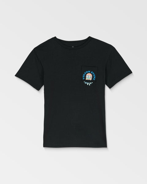 The Volcom Kids' Burgstone Pocket Tee is a black, short-sleeve organic cotton shirt with a left chest pocket, featuring a small blue creature graphic and "Volcom Stone" text above the pocket.