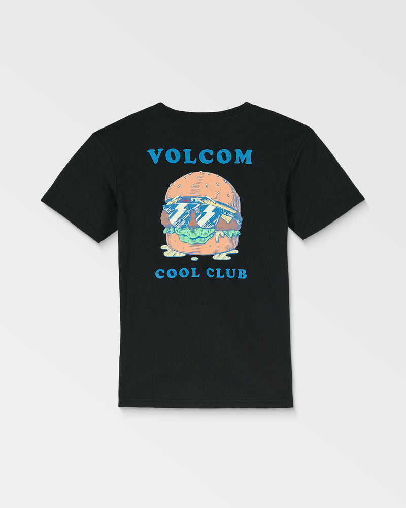 The Volcom Kids' Burgstone Pocket Tee is a black organic cotton shirt with a cartoon hamburger wearing sunglasses on the pocket. The back has VOLCOM in blue above and COOL CLUB below the burger graphic.