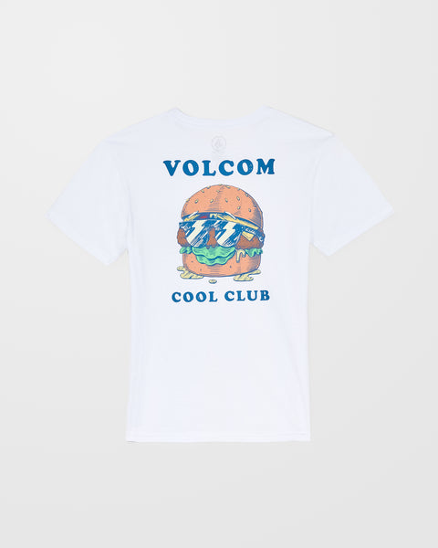 The Kids' Burgstone Pocket Tee is a white organic cotton shirt with a back screenprint of "VOLCOM COOL CLUB" and a cartoon burger with sunglasses.