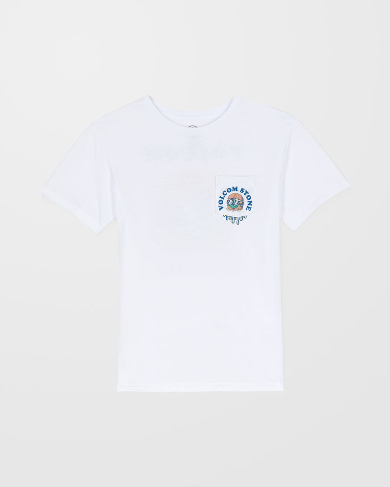 The Kids' Burgstone Pocket Tee is a white organic cotton shirt with a small, colorful art graphic and “VOLCOM STONE” above the left chest pocket. The tee is shown laid flat on a white background.