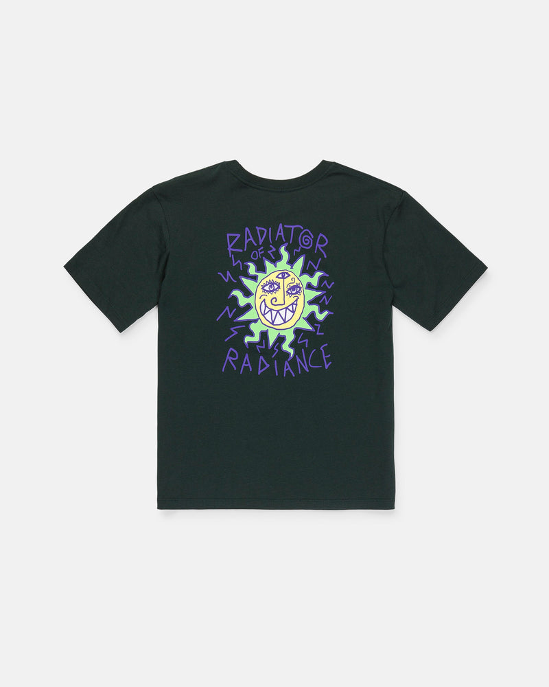 The Volcom Boy's Featured Artist Ozzy 2 Short Sleeve Tee showcases a black design with a striking graphic on the back—a yellow sun with a face encircled by purple zigzag lines. "RADIATOR" appears above, and "OF RADIANCE" below in bold, stylized purple letters. Crafted from premium ring spun cotton for a soft feel and classic fit, this tee highlights Ozzy Wrong’s signature artistic style.