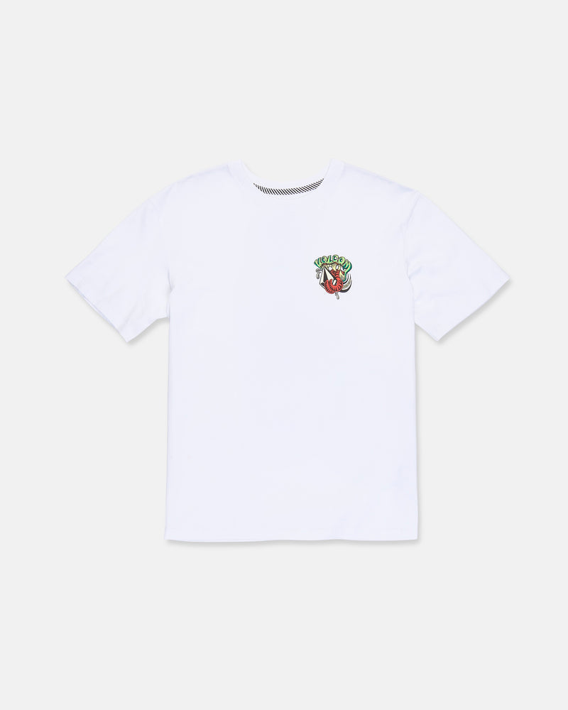 The Boy’s Snaky Short Sleeve Tee by Volcom is a white t-shirt made from premium ring spun cotton, with a small, colorful embroidered tiger head and green lettering on the left chest. The background is plain white.