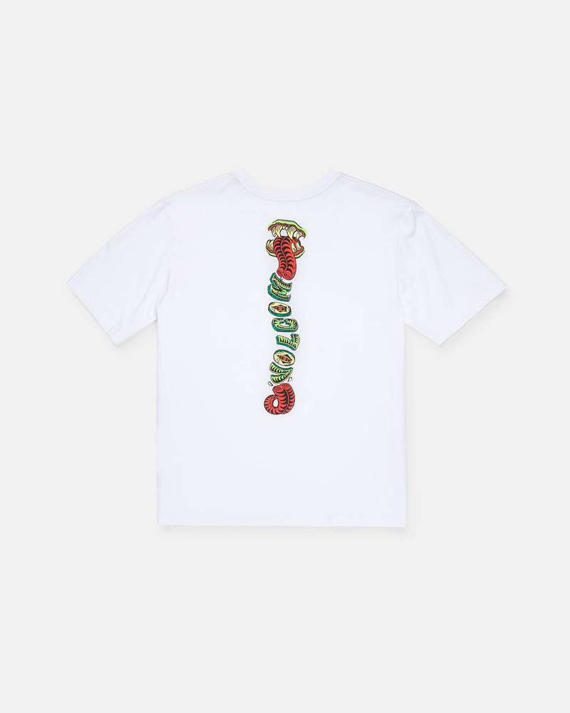 Introducing the Volcom Boy’s Snaky Short Sleeve Tee, crafted from premium ring spun cotton for exceptional comfort. This white tee features short sleeves and a soft-hand screen print on the back, showcasing a vertical design of colorful cartoon faces—primarily in red, green, and yellow—stacked atop each other.