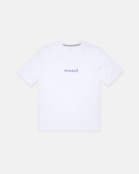 A Boy's Weirdcard Short Sleeve Tee by Volcom, featuring a classic fit in plain white with "VOLCOM" and a small logo printed in purple on the chest, crafted from premium ring-spun cotton and shown on a light gray background.