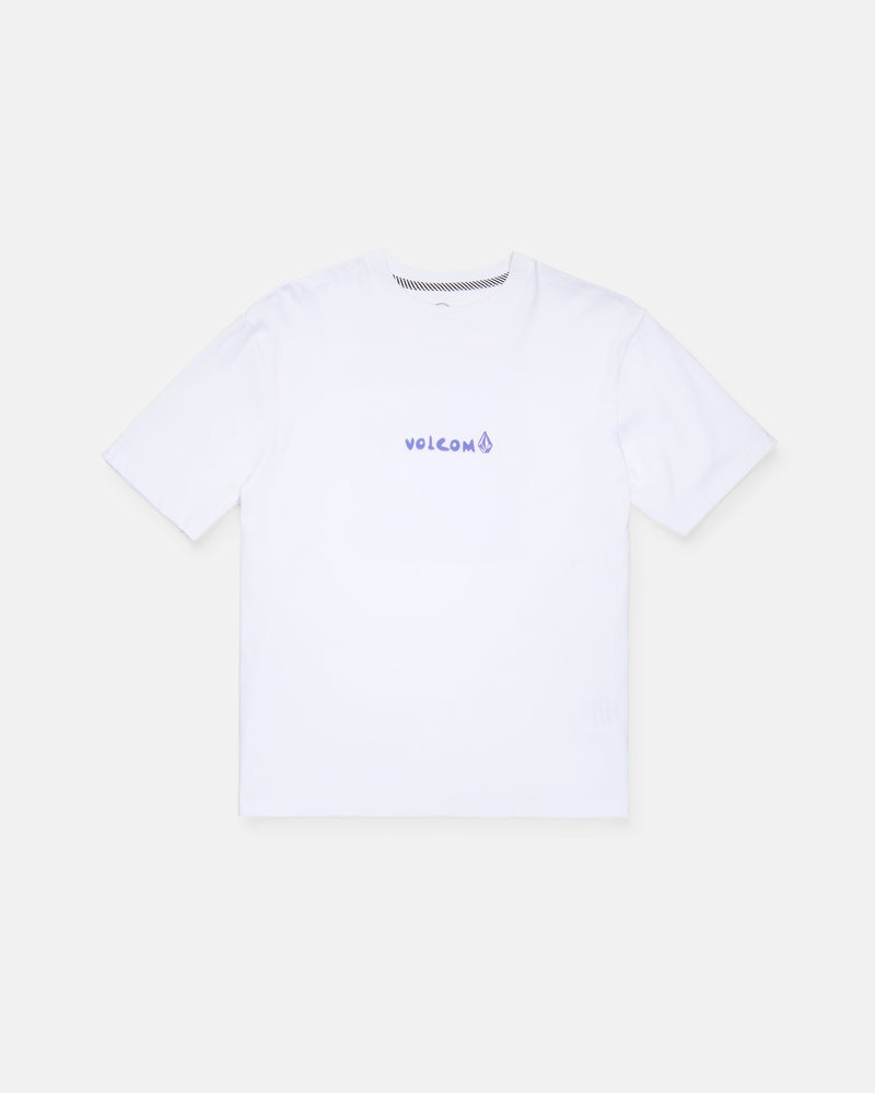 A Boy's Weirdcard Short Sleeve Tee by Volcom, featuring a classic fit in plain white with "VOLCOM" and a small logo printed in purple on the chest, crafted from premium ring-spun cotton and shown on a light gray background.