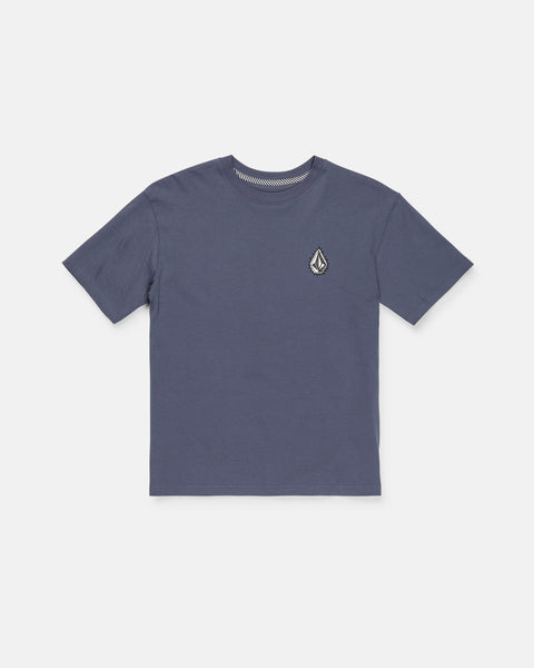 A Boy's Freshman Short Sleeve Tee by Volcom, featuring a plain dark blue design with short sleeves, made from premium ring-spun cotton, and accented with a small white and black embroidered logo on the left chest, displayed flat on a white background.