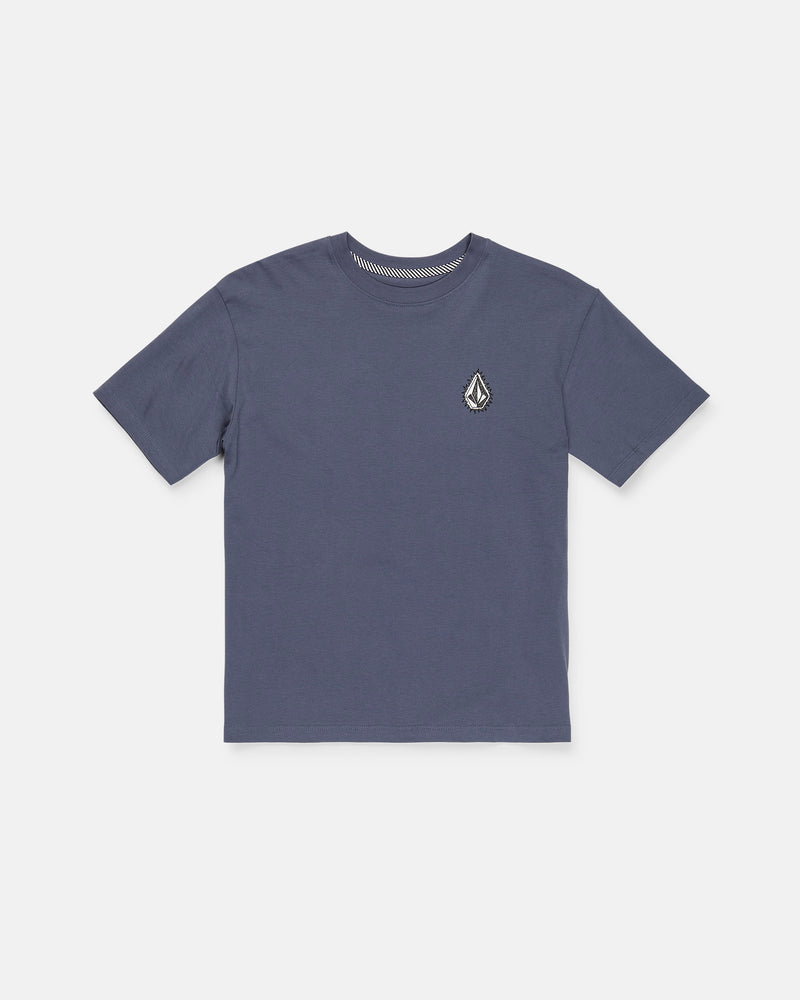 A Boy's Freshman Short Sleeve Tee by Volcom, featuring a plain dark blue design with short sleeves, made from premium ring-spun cotton, and accented with a small white and black embroidered logo on the left chest, displayed flat on a white background.