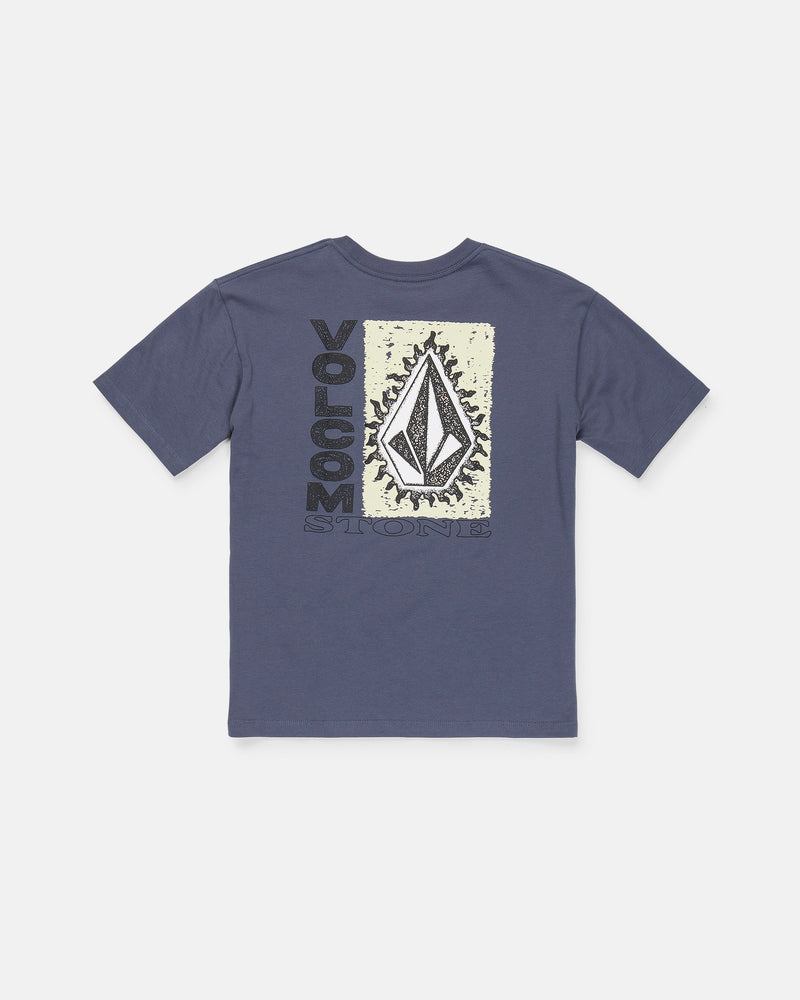 Here’s a revised version of the sentence using the provided product data: The Volcom Boy's Freshman Short Sleeve Tee is a blue, classic-fit shirt made from premium ring-spun cotton. It features a large Volcom Stone logo with black and cream abstract designs on the back, along with the word "VOLCOM" displayed vertically and "STONE" printed horizontally at the bottom.