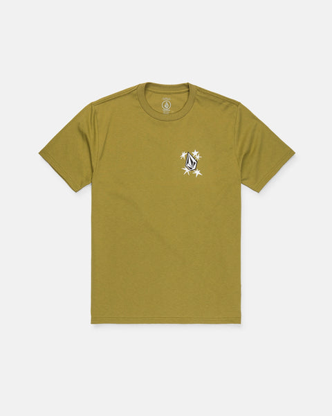 The Volcom Boy's Alive We Ride Short Sleeve Tee in olive green features a small white and black abstract logo surrounded by stars on the left chest. Crafted from premium ring-spun cotton for lasting comfort, this classic tee includes a soft-hand screen print and is laid flat on a white background.