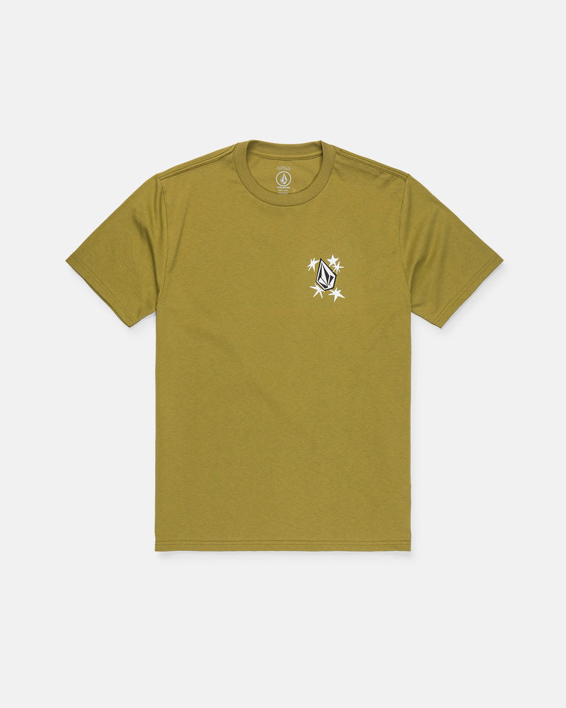 The Volcom Boy's Alive We Ride Short Sleeve Tee in olive green features a small white and black abstract logo surrounded by stars on the left chest. Crafted from premium ring-spun cotton for lasting comfort, this classic tee includes a soft-hand screen print and is laid flat on a white background.