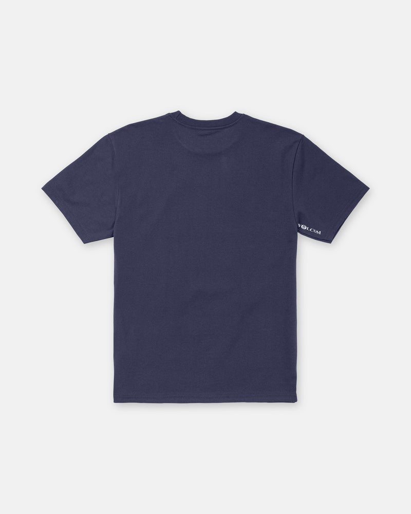 The Boy’s Tooms Short Sleeve Tee by Volcom in plain navy blue, shown from the back, features a small white logo on the left sleeve. Made from premium cotton for long-lasting comfort and style.