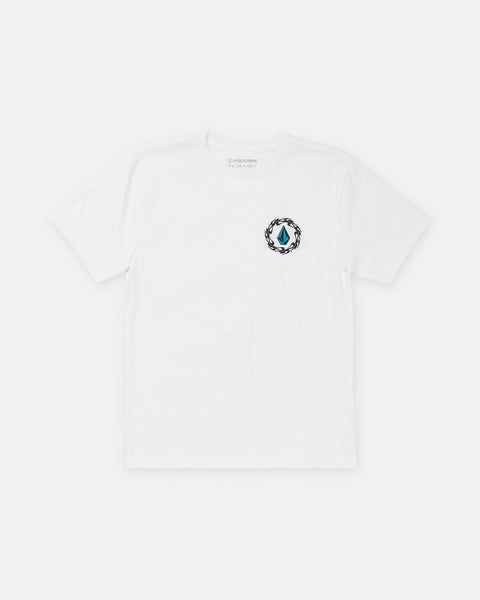 Volcom Boy’s Twister Short Sleeve Tee in white features a blue water droplet logo inside a black laurel wreath on the left chest. Classic fit, crew neck boys t-shirt laid flat on a white background.