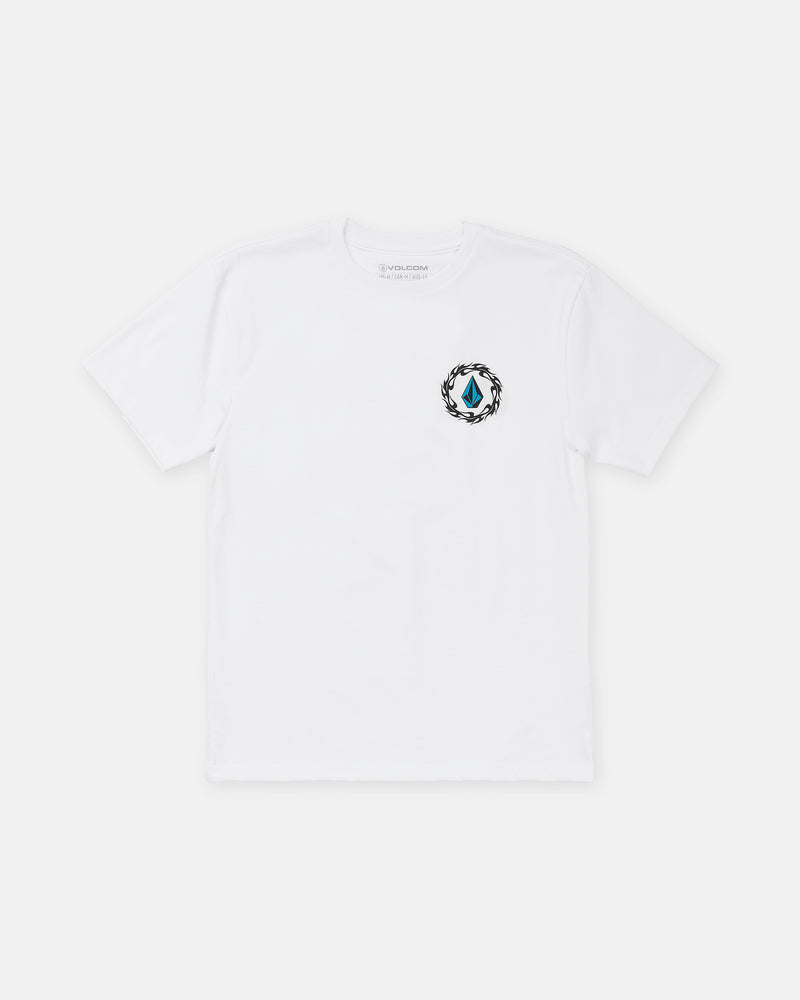 Volcom Boy’s Twister Short Sleeve Tee in white features a blue water droplet logo inside a black laurel wreath on the left chest. Classic fit, crew neck boys t-shirt laid flat on a white background.