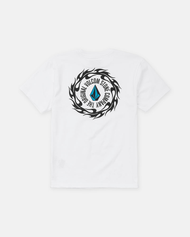 The Boy’s Twister Short Sleeve Tee by Volcom is a classic fit, premium cotton white crew neck featuring a circular black flame graphic on the back with a blue diamond logo and THE ORIGINAL VOLCOM STONE COMPANY text.