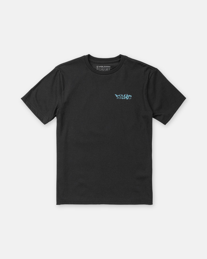 Boy’s Framer Short Sleeve Tee by Volcom in classic fit with short sleeves and heavyweight premium cotton, features a small blue graphic and text on the left chest, laid flat on a white background.