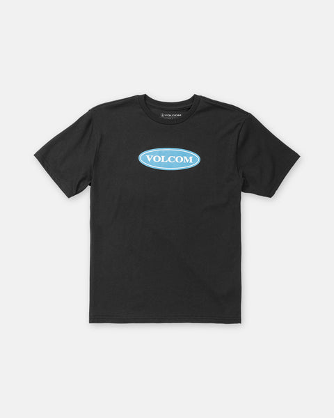The Boy’s Remastered Stone Short Sleeve Tee by Volcom is a black, heavy-weight premium cotton skate shirt with a blue and white oval VOLCOM logo on the chest, shown on a plain white background.