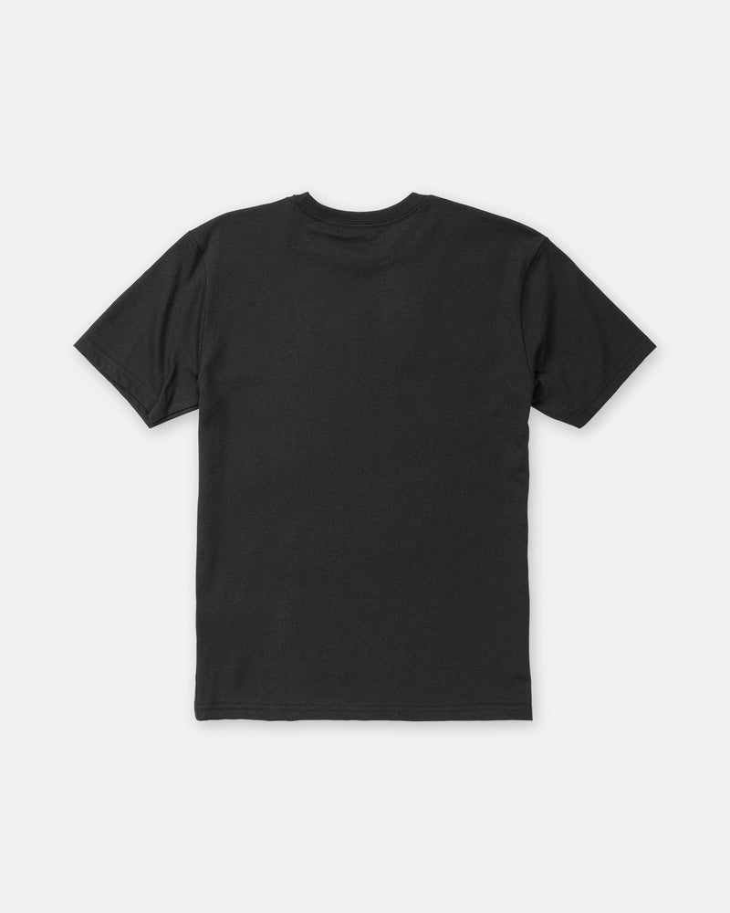 The Volcom Boy’s Remastered Stone Short Sleeve Tee in plain black, classic fit, made from heavy-weight premium cotton, is shown flat with the back side facing up on a white background.