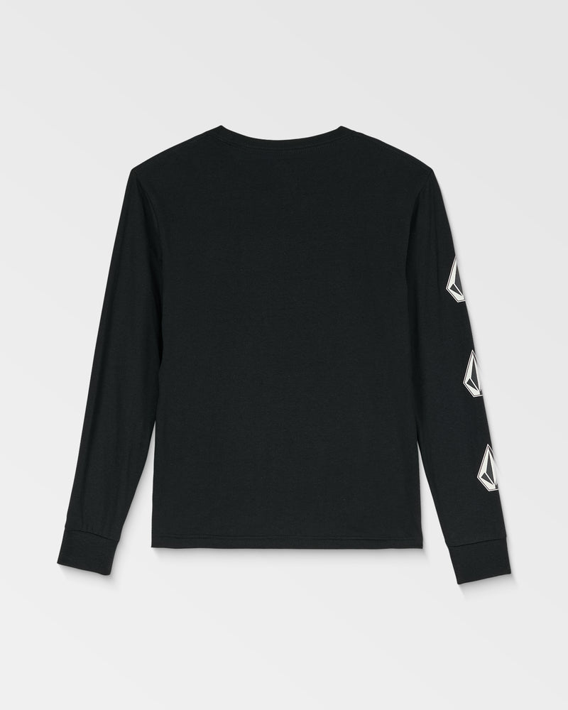 The Kids' Iconic Stone Gid Long Sleeve Tee is a black organic cotton shirt with three white geometric diamond logos vertically aligned on the right sleeve and a plain back, offering a simple, stylish design.