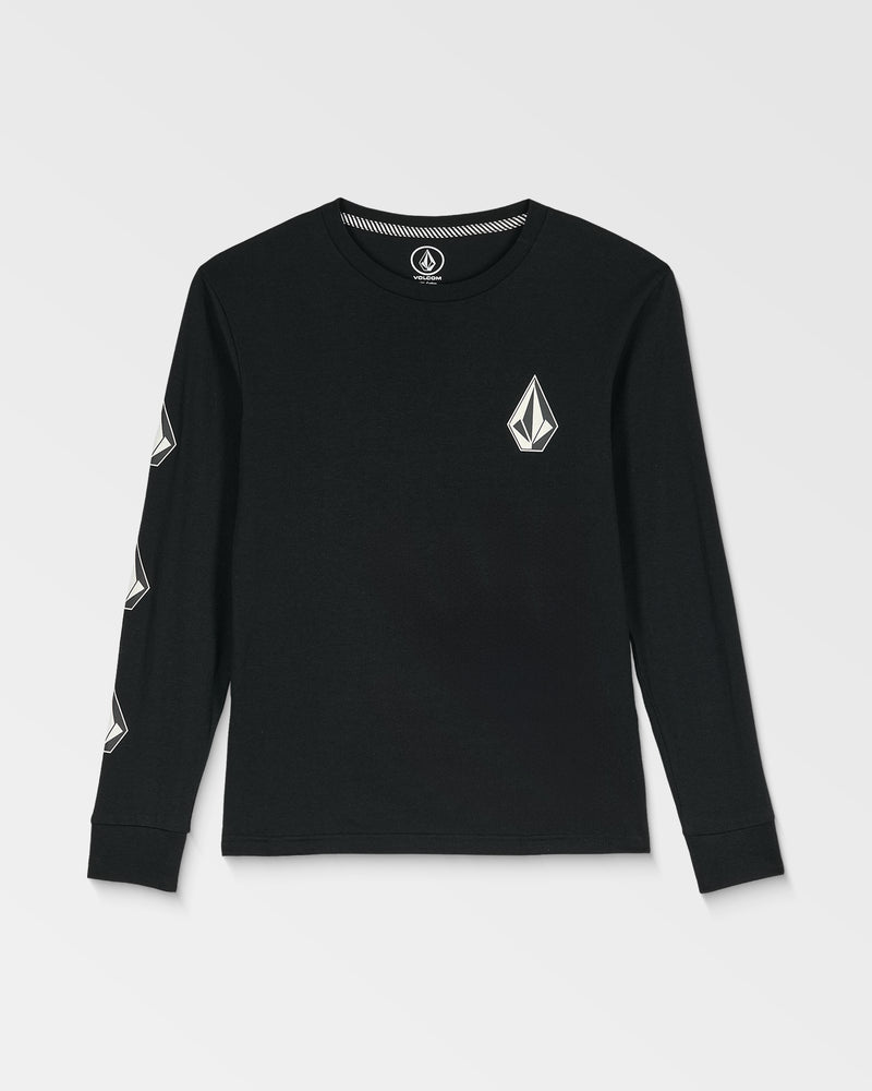 The Kids' Iconic Stone Gid Long Sleeve Tee is a black organic cotton shirt with a white geometric Stone Glow In The Dark logo on the left chest and matching logos on the right sleeve. It features a crew neckline and a plain back.
