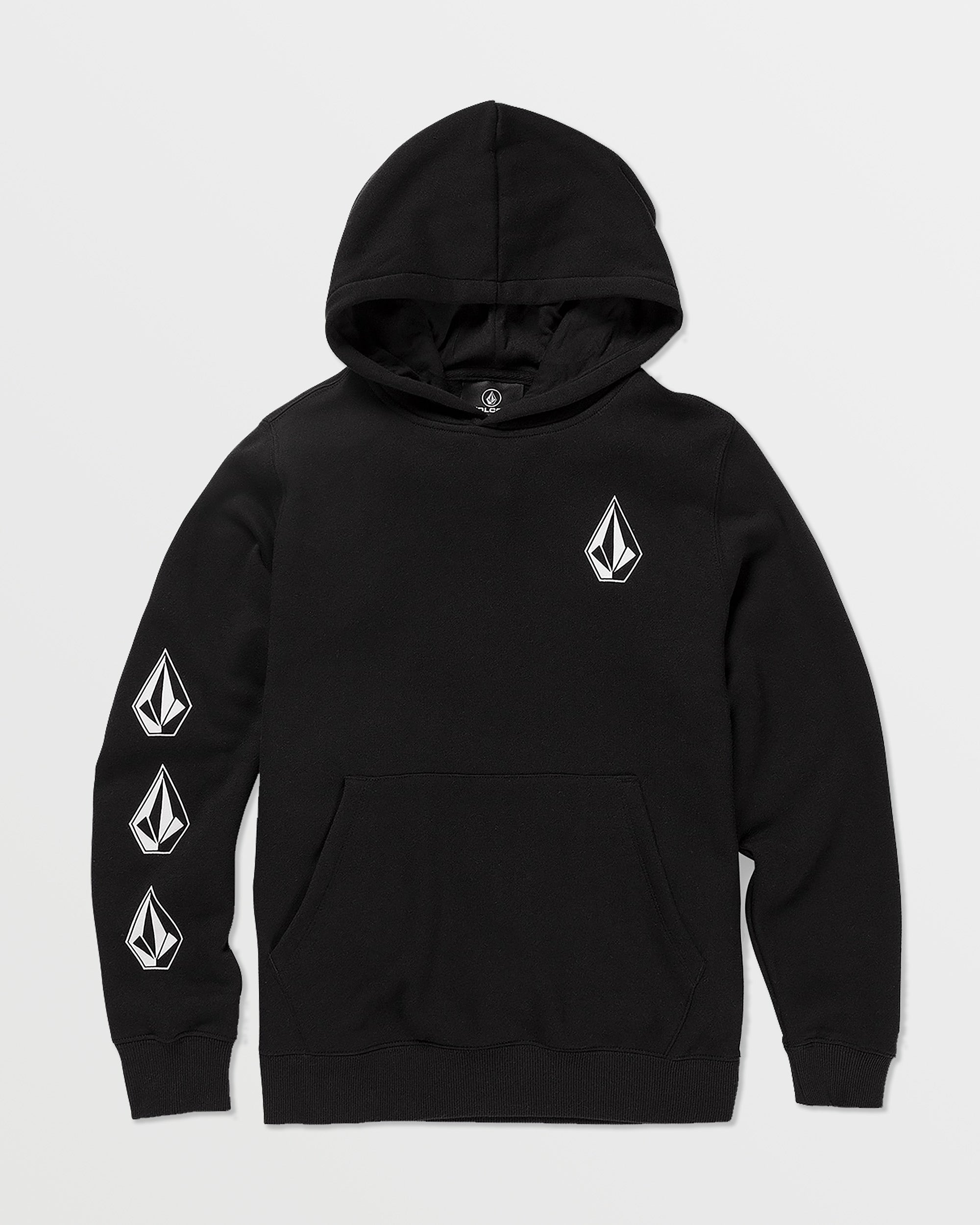 The Volcom Kids' Iconic Stone Pullover is a black fleece hoodie with a white geometric logo on the left chest and three matching logos down the right sleeve, made from recycled polyester and finished with a front kangaroo pocket.
