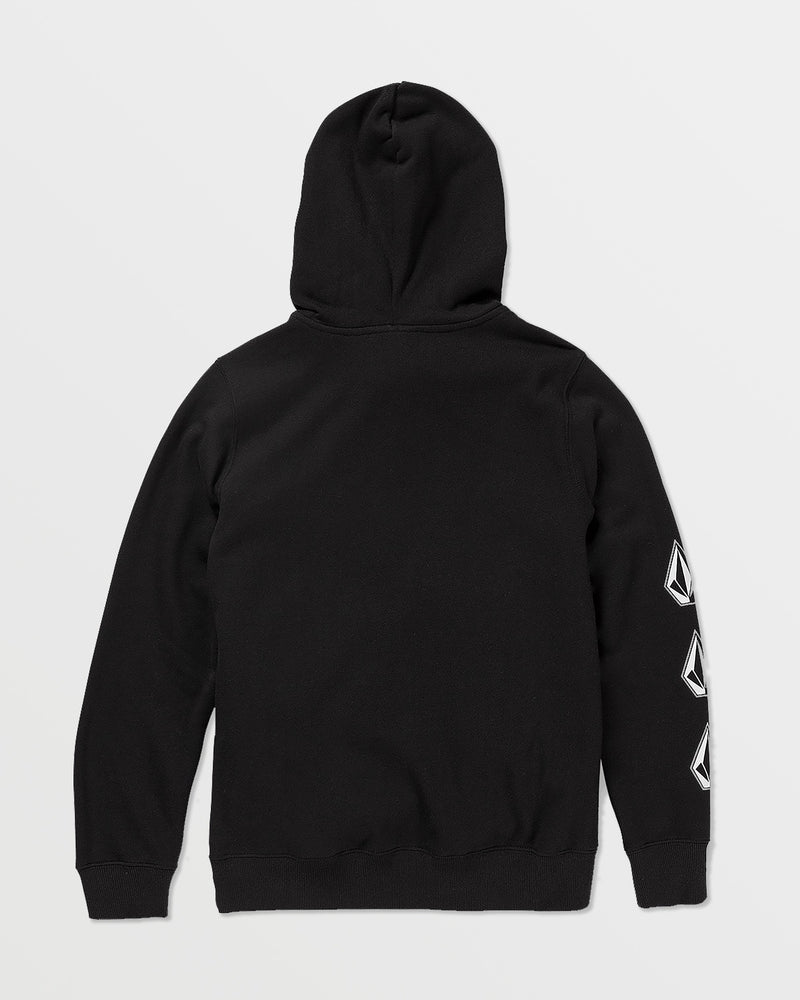 The Volcom Kids' Iconic Stone Pullover is a black fleece youth hoodie made with recycled polyester, featuring a plain back and three white geometric logos vertically aligned on the right sleeve.