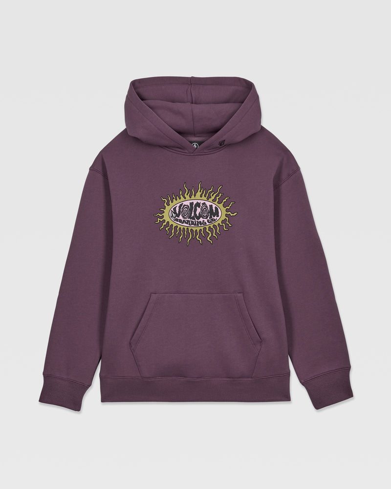 The Volcom Kids' Watanite Pullover is a heavyweight purple fleece hoodie with a front pocket and bold eye graphic with yellow-green flames on the chest—ideal for boys seeking standout style.