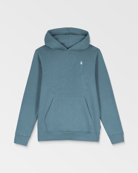 The Volcom Kids' Single Stone Pullover is a teal hoodie with a front kangaroo pocket and a small white embroidered logo on the left chest, displayed flat on a white background.
